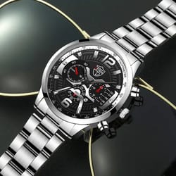 fashion mens calendar watches business stainless steel quartz wristwatch necklace bracelet set
