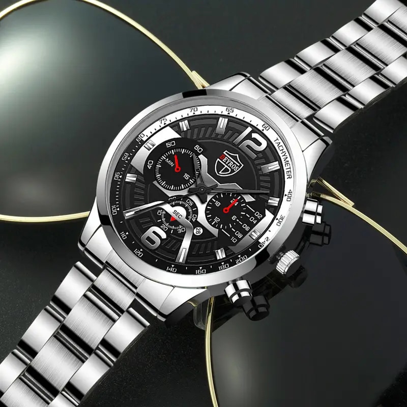 Fashion Mens Calendar Watches Business Stainless Steel Quartz Wristwatch Necklace Bracelet Set 0
