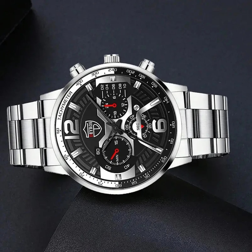 Fashion Mens Calendar Watches Business Stainless Steel Quartz Wristwatch Necklace Bracelet Set 1