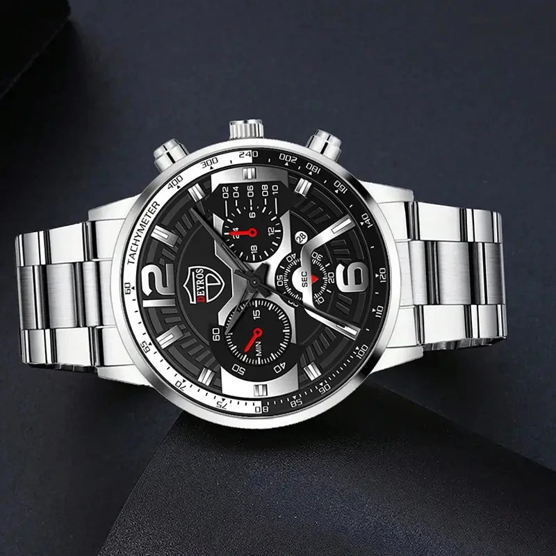 Fashion Mens Calendar Watches Business Stainless Steel Quartz Wristwatch Necklace Bracelet Set 1