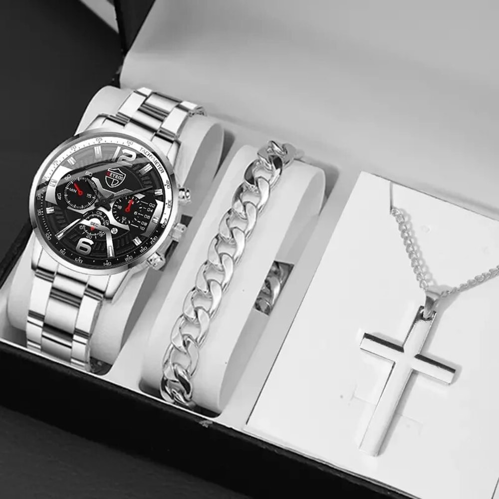 Fashion Mens Calendar Watches Business Stainless Steel Quartz Wristwatch Necklace Bracelet Set 5