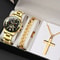 Fashion Mens Calendar Watches Business Stainless Steel Quartz Wristwatch Necklace Bracelet Set 6