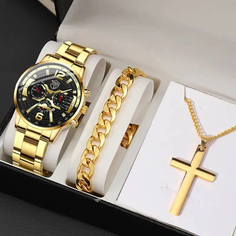 Fashion Mens Calendar Watches Business Stainless Steel Quartz Wristwatch Necklace Bracelet Set 6