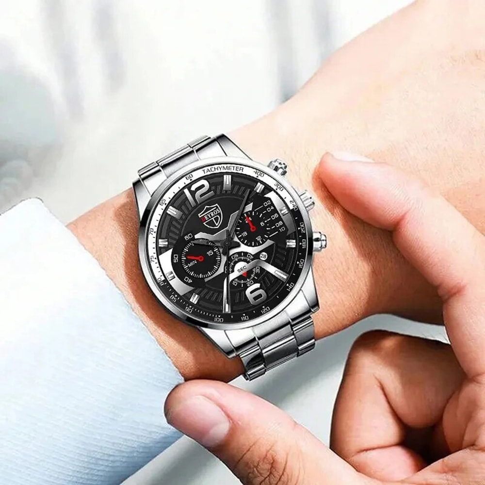 Fashion Mens Calendar Watches Business Stainless Steel Quartz Wristwatch Necklace Bracelet Set 4