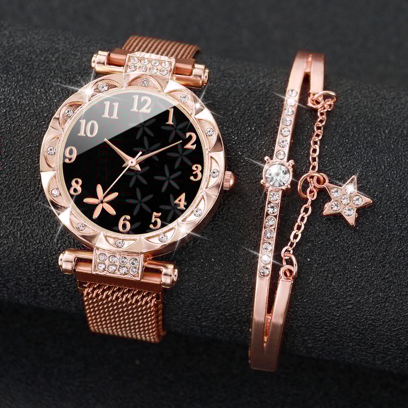 Elegant Womens Mesh Strap Watch Set with Star Bracelet, Magnet Buckle Analog