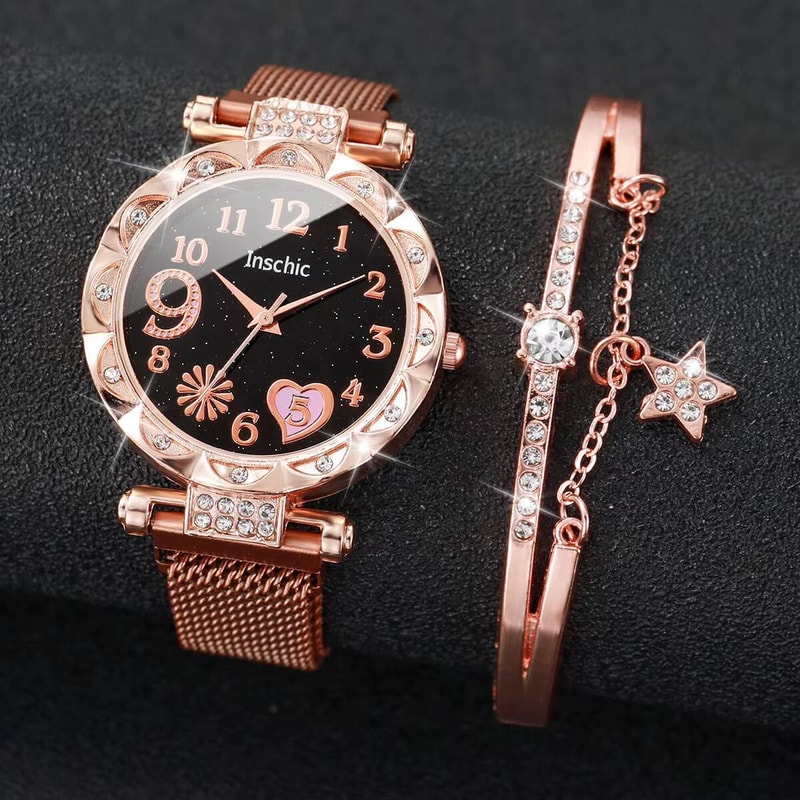 Elegant Womens Mesh Strap Watch Set with Star Bracelet, Magnet Buckle Analog