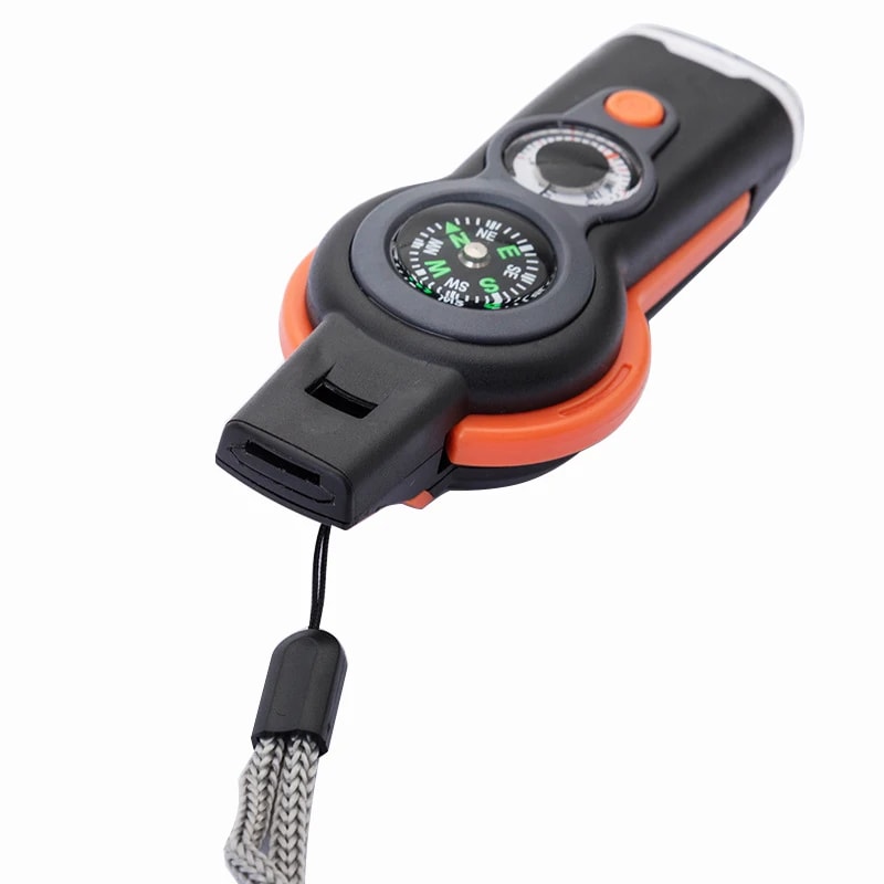 Survival Whistle Multi Tool Flashlight with Compass & Thermometer for Outdoor Emergency Gear