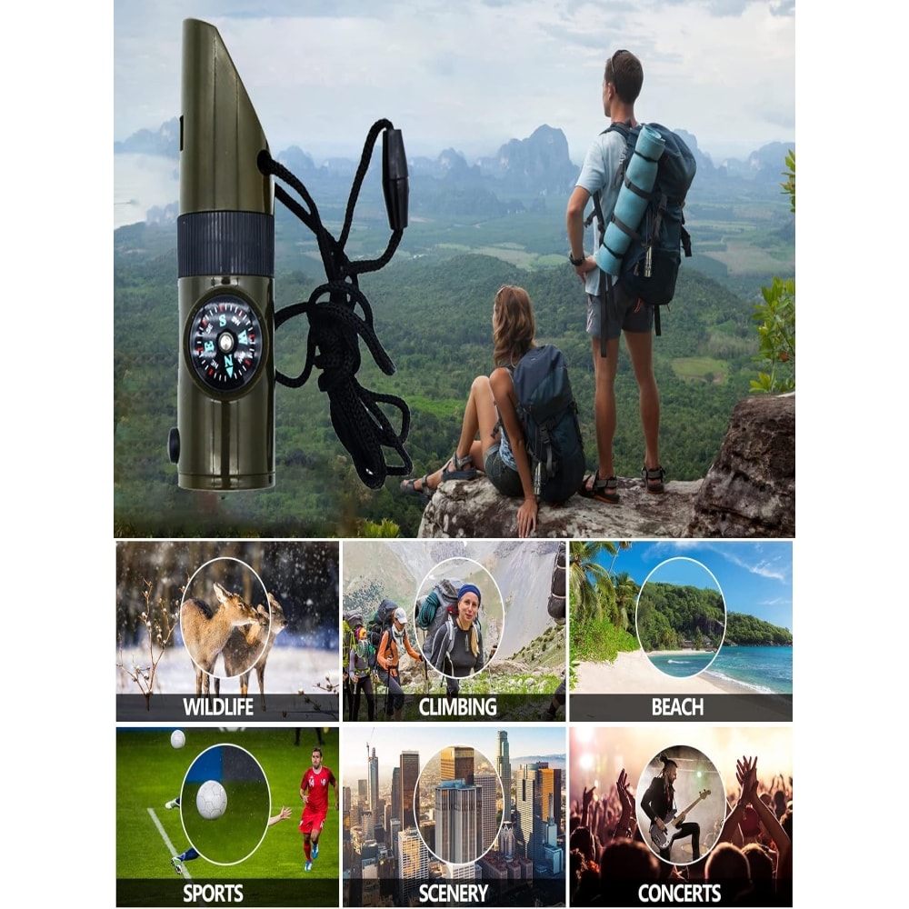 Multi-Function Survival Whistle with Compass, LED Flashlight, Magnifying Glass & Reflector –Perfect for Camping, Hiking