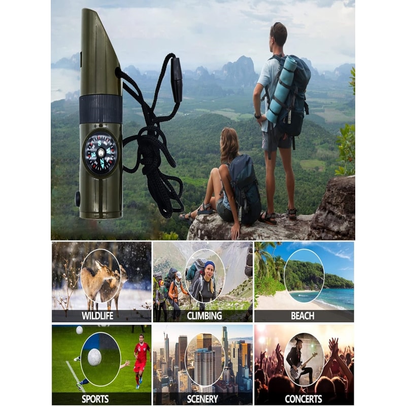 Multi-Function Survival Whistle with Compass, LED Flashlight, Magnifying Glass & Reflector –Perfect for Camping, Hiking