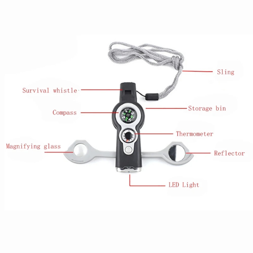Outdoor Survival Whistle with LED Light, Compass, Thermometer, Magnifier, Reflector