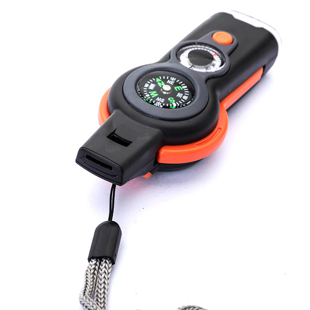 Outdoor Survival Whistle with LED Light, Compass, Thermometer, Magnifier, Reflector