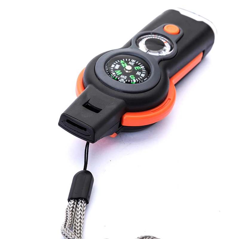 Outdoor Survival Whistle with LED Light, Compass, Thermometer, Magnifier, Reflector