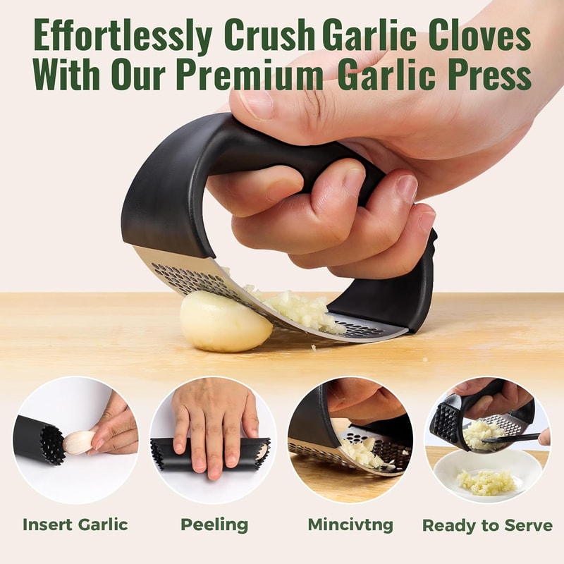 Stainless Steel Garlic Press Rocker EasySqueeze Mincer With Peeler Cleaning Brush 1