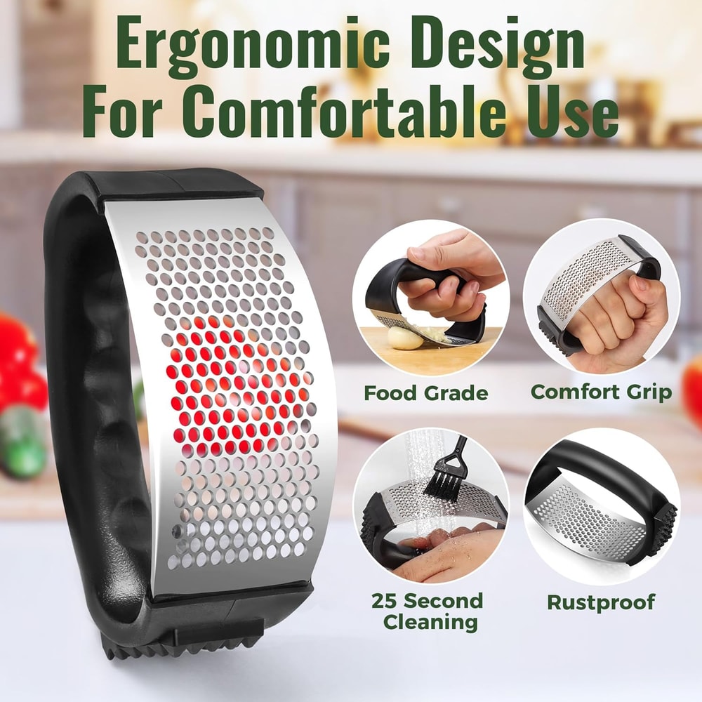 Stainless Steel Garlic Press Rocker EasySqueeze Mincer With Peeler Cleaning Brush 3