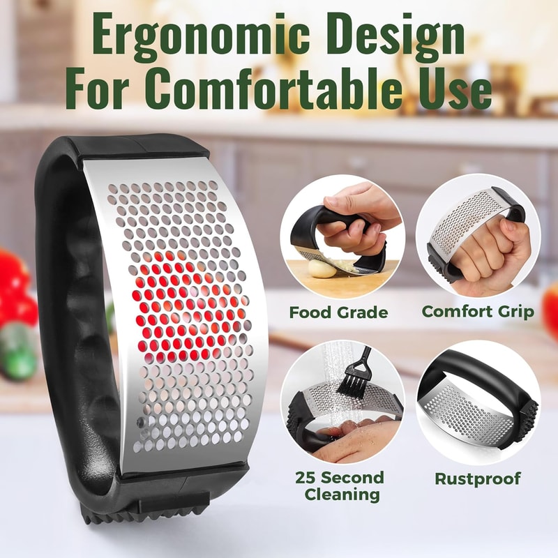 Stainless Steel Garlic Press Rocker EasySqueeze Mincer With Peeler Cleaning Brush 3