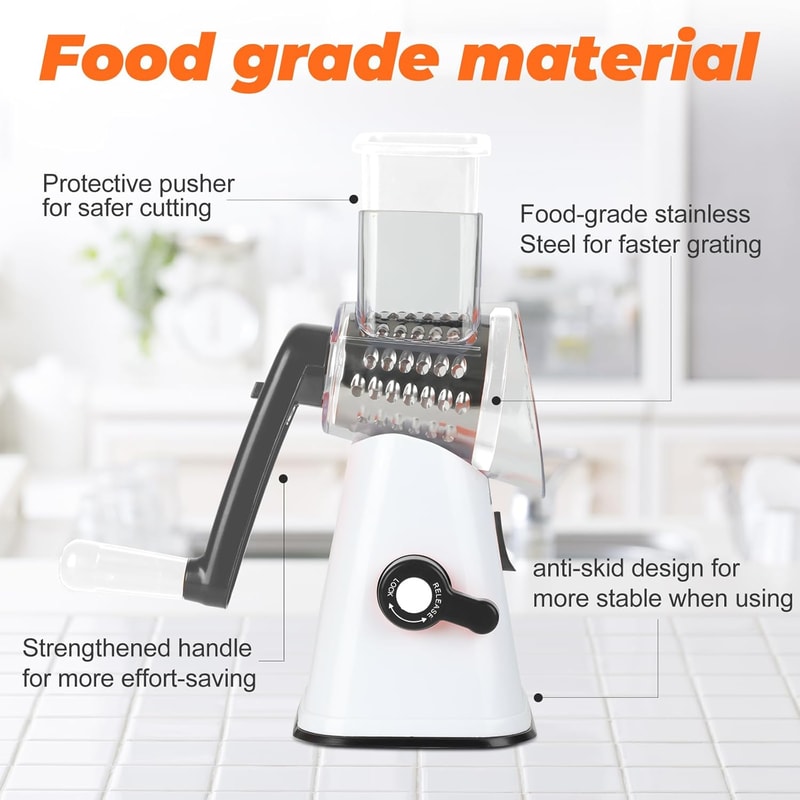 Multi-Purpose Rotary Grater & Mandoline Vegetable Slicer Perfect for Cheese, Carrots, Potatoes.