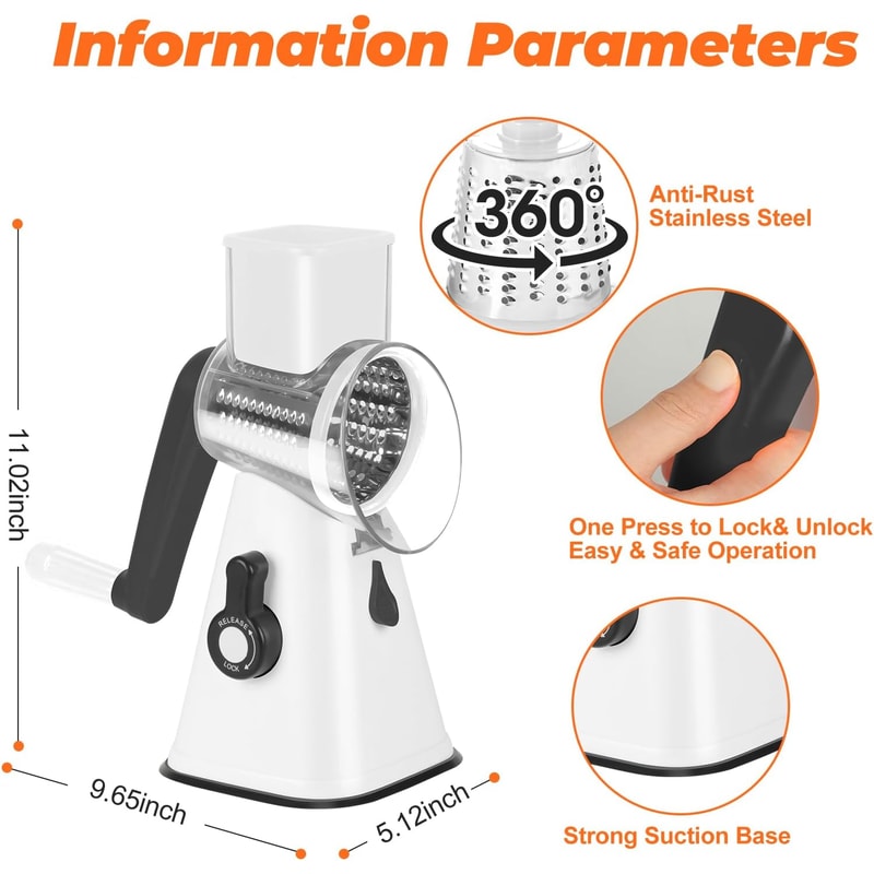 Multi-Purpose Rotary Grater & Mandoline Vegetable Slicer Perfect for Cheese, Carrots, Potatoes.