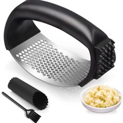 garlic press rocker stainless steel garlic mincer crusher with peeler & cleaning brush for effortless crushing