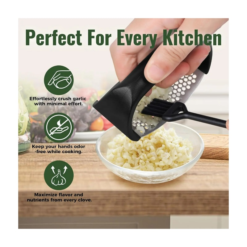Garlic Press Rocker Stainless Steel Garlic Mincer Crusher with Peeler & Cleaning Brush for Effortless Crushing