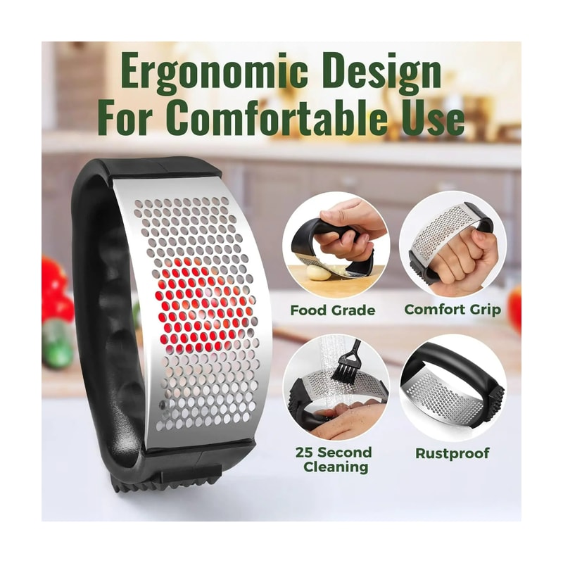 Garlic Press Rocker Stainless Steel Garlic Mincer Crusher with Peeler & Cleaning Brush for Effortless Crushing