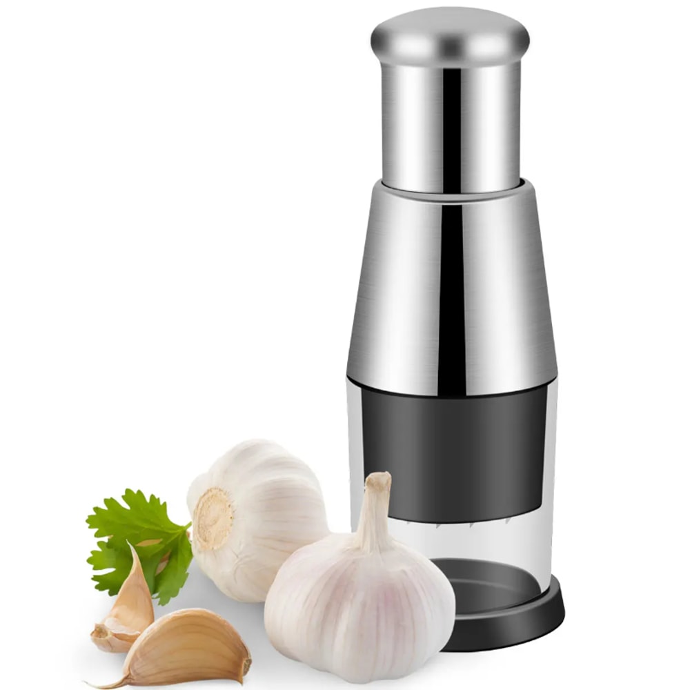 Stainless Steel Garlic Press & Chopper Manual Handheld Push Type Crusher for Easy Garlic Mashing