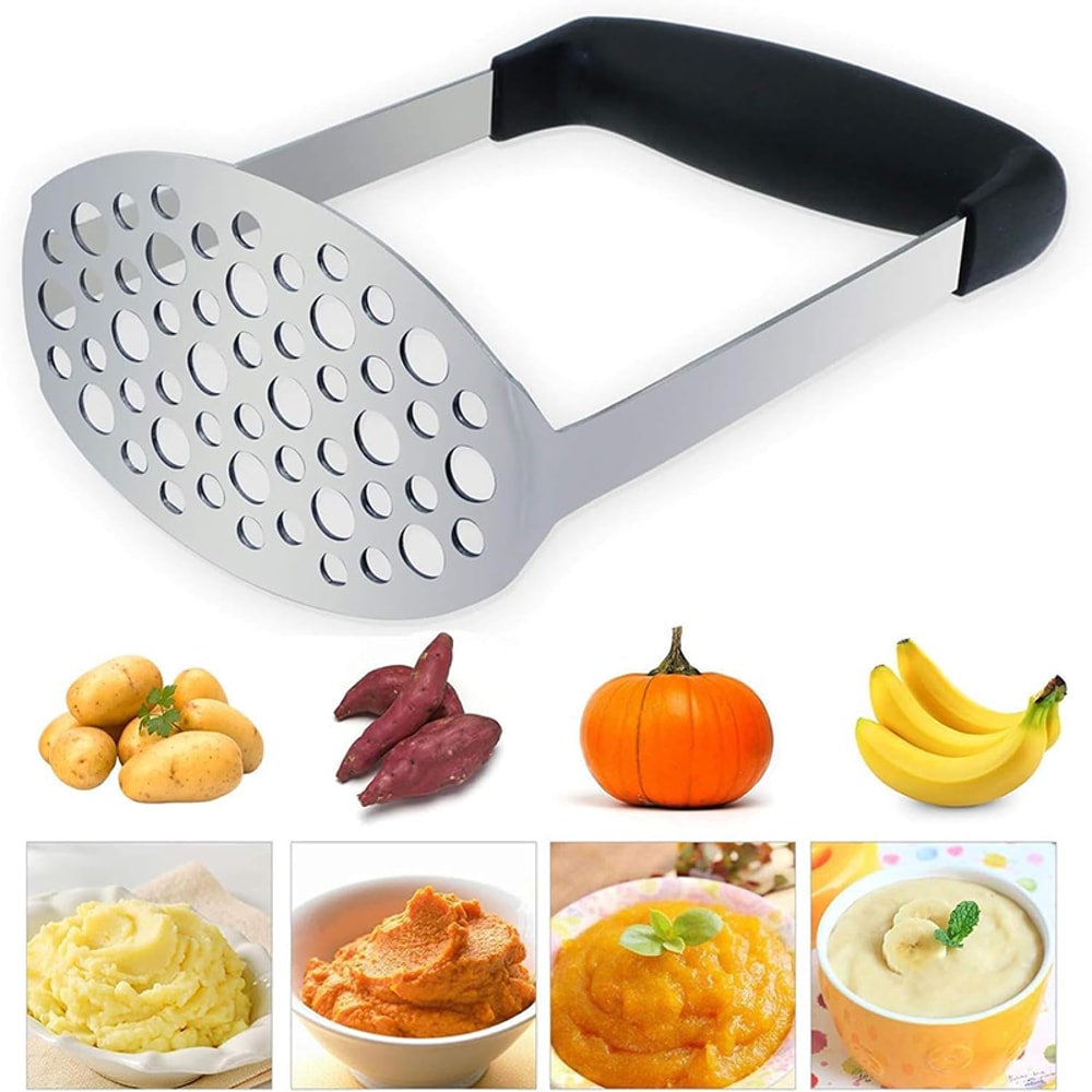 Stainless Steel Potato Masher with Non-Slip Handle Garlic, Fruit, and Vegetable Crusher