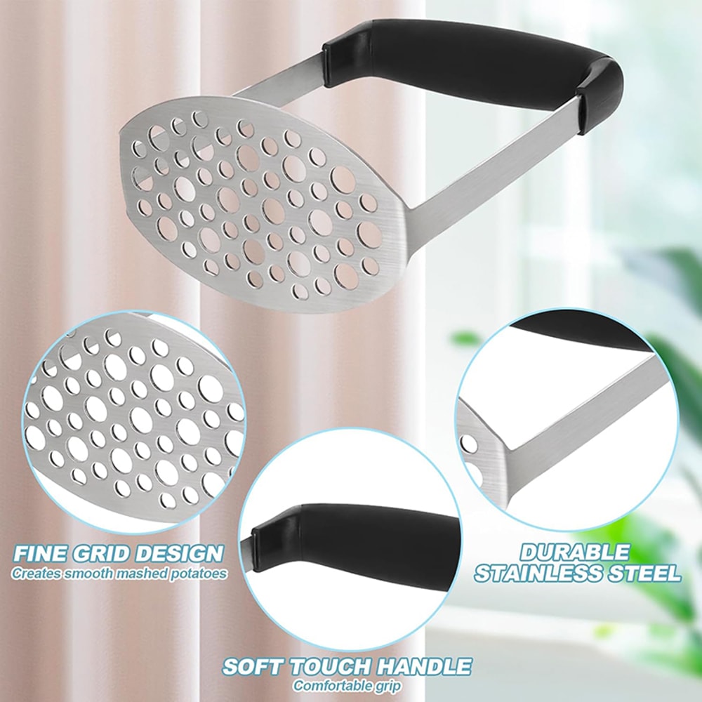 Stainless Steel Potato Masher with Non-Slip Handle Garlic, Fruit, and Vegetable Crusher