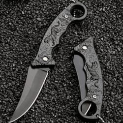 high-quality tiger motif folding knife steel blade, edc outdoor tool for camping, hiking & fishing