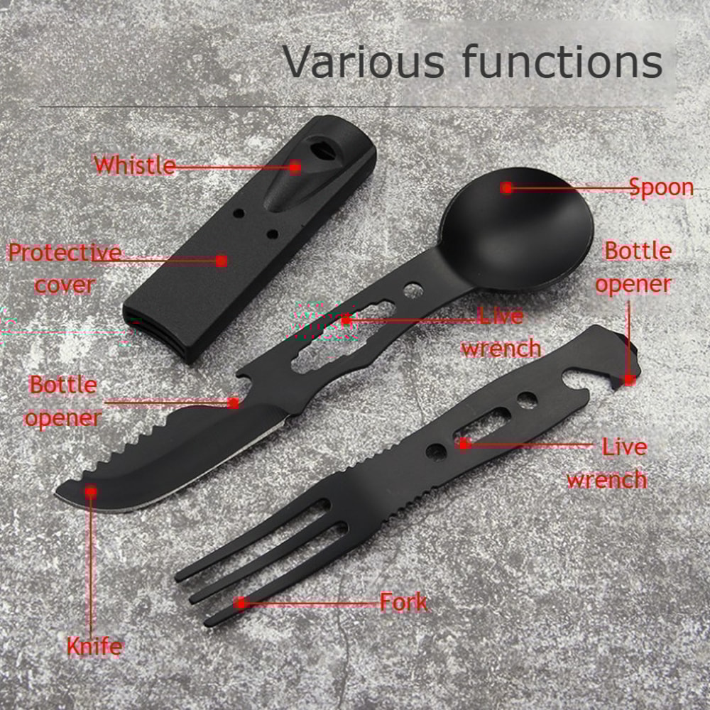 Multi-Functional Camping Knife & Tableware Set Stainless Steel with Whistle Spoon Fork for Outdoor Adventures