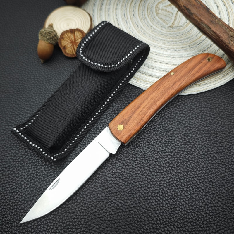 Rosewood Handled Folding Pocket Knife Durable Stainless Steel Blade for Outdoor Camping & Everyday Carry Essentials
