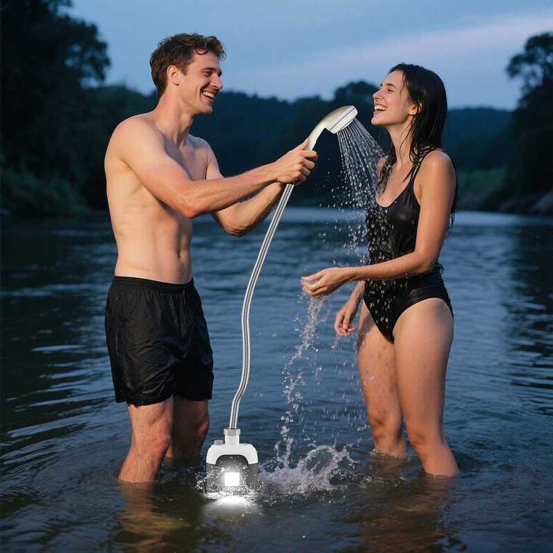 Portable Electric Shower Pump with Flashlight Ideal for Travel, Camping, and Beach Use