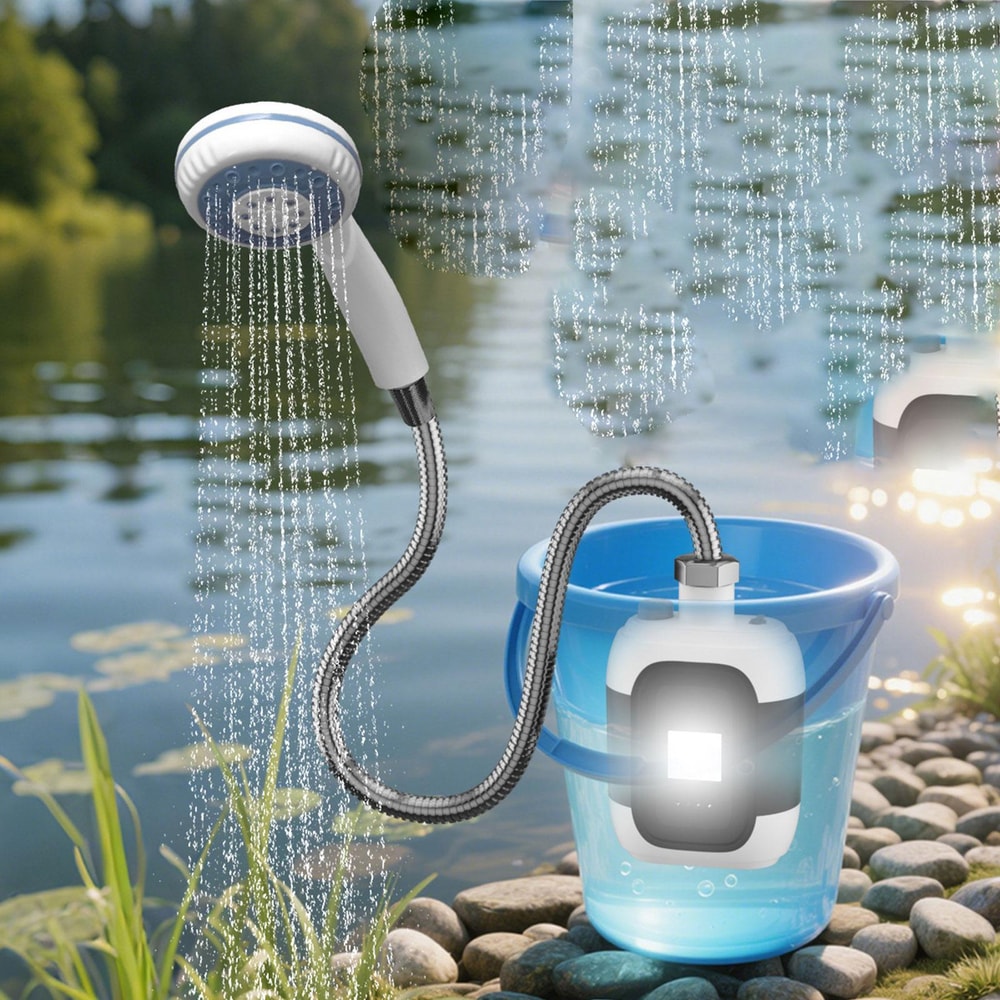 Portable Electric Shower Pump with Flashlight Ideal for Travel, Camping, and Beach Use