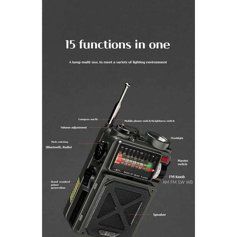 Hand Crank Emergency Radio with Solar Charging, Bluetooth Speaker & Power Bank