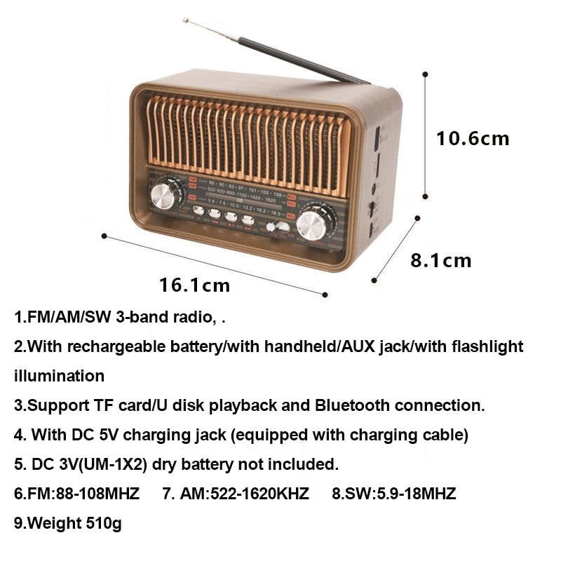 RetroWave Portable AM FM SW Radio Bluetooth Speaker With Flashlight 5