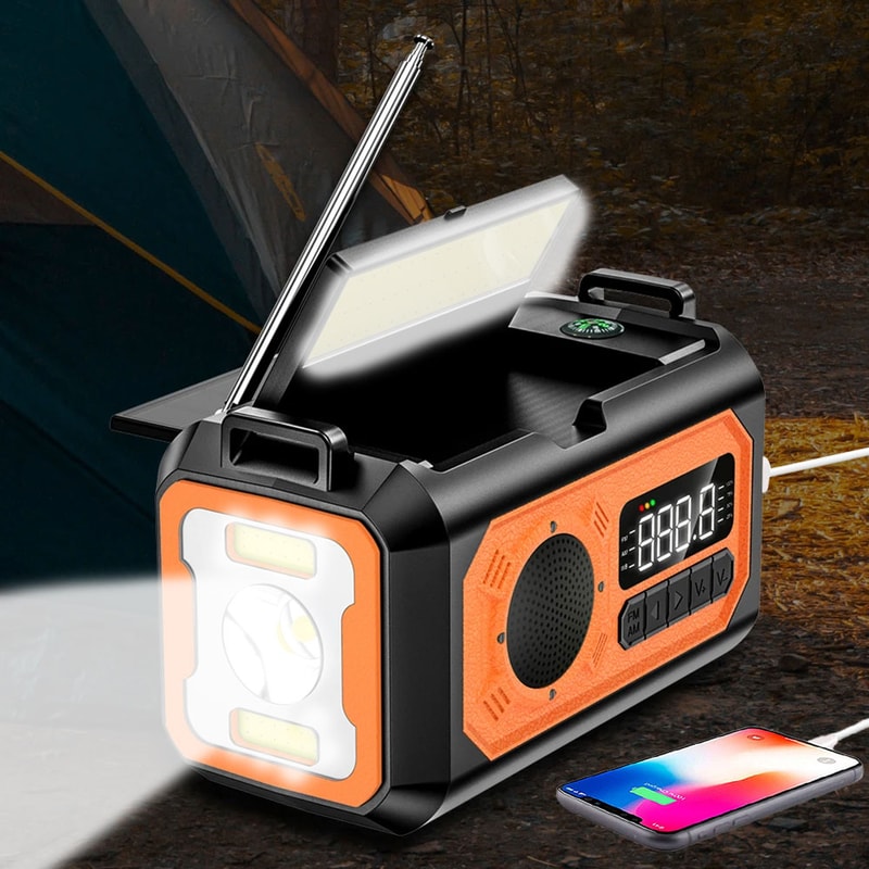 Emergency Weather Radio with Hand Crank, Dual Solar Panels and Phone Charger