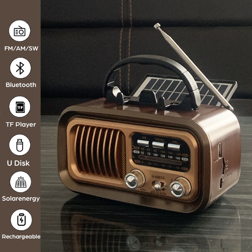 Retro Bluetooth Radio with Solar Charging Portable AM FM Speaker