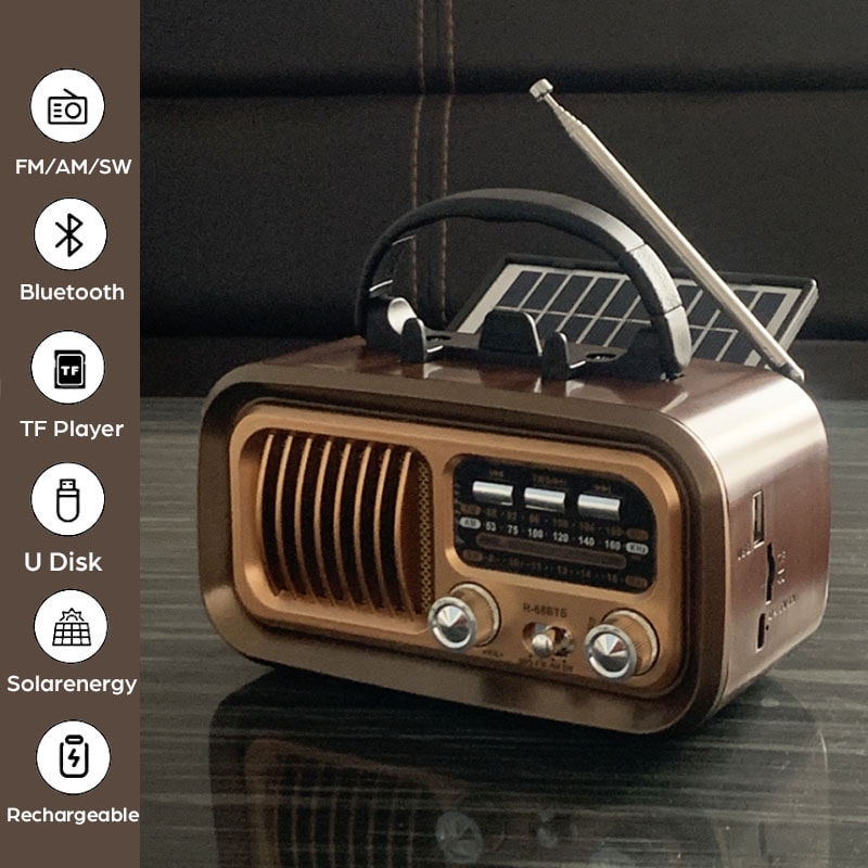 Retro Bluetooth Radio with Solar Charging Portable AM FM Speaker