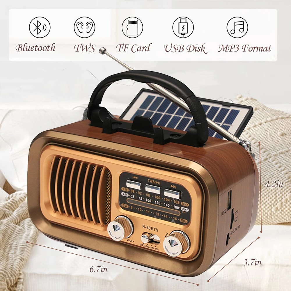 Retro Bluetooth Radio with Solar Charging Portable AM FM Speaker