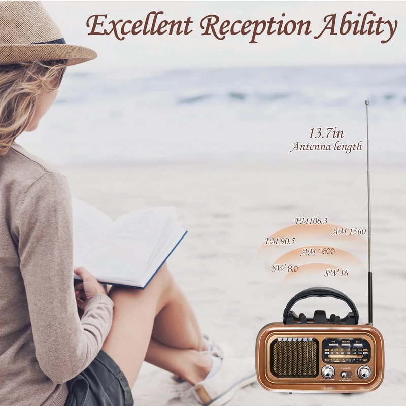 Retro Bluetooth Radio with Solar Charging Portable AM FM Speaker