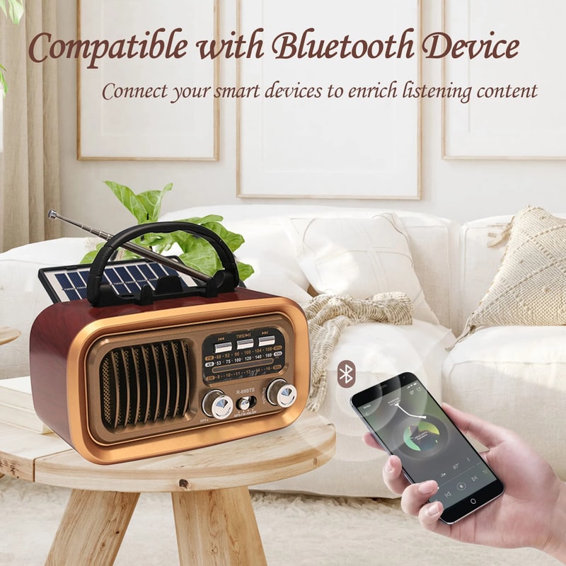 Retro Bluetooth Radio with Solar Charging Portable AM FM Speaker