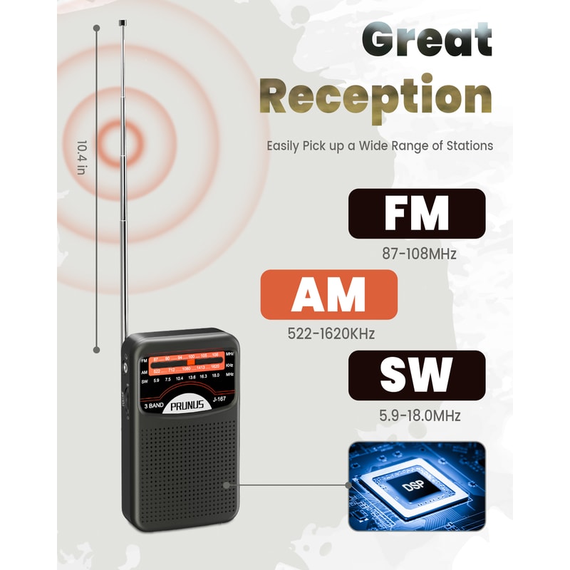 Portable AM FM Shortwave Radio with USB-C Charging and Clear Speaker