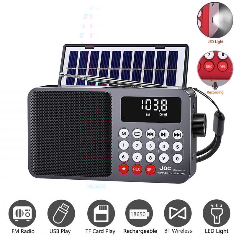 Solar Portable FM Radio Bluetooth Speaker with LED Light and USB Player