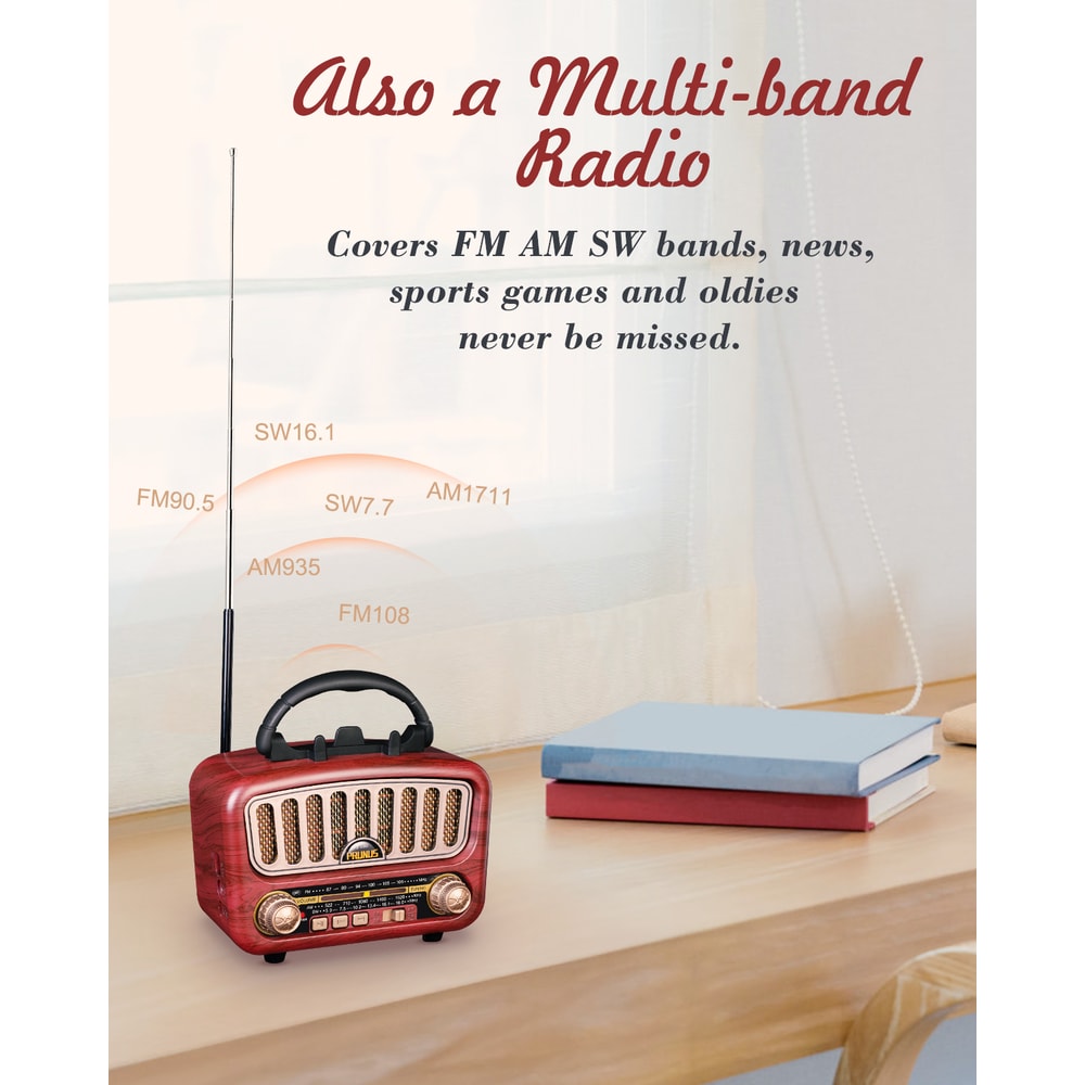 Retro Bluetooth Radio Speaker with AM FM SW and Rechargeable USB Music Player