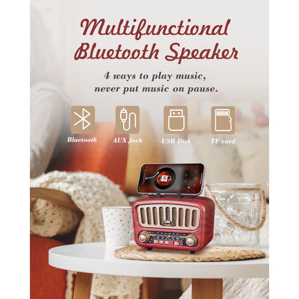 Retro Bluetooth Radio Speaker with AM FM SW and Rechargeable USB Music Player