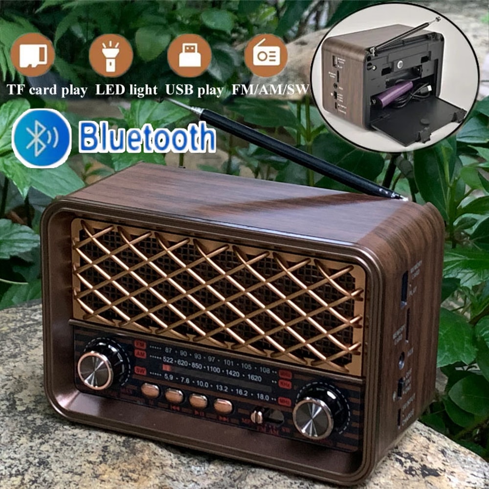 Retro Bluetooth Radio With AM FM And Flashlight Rechargeable Vintage Portable Speaker 1