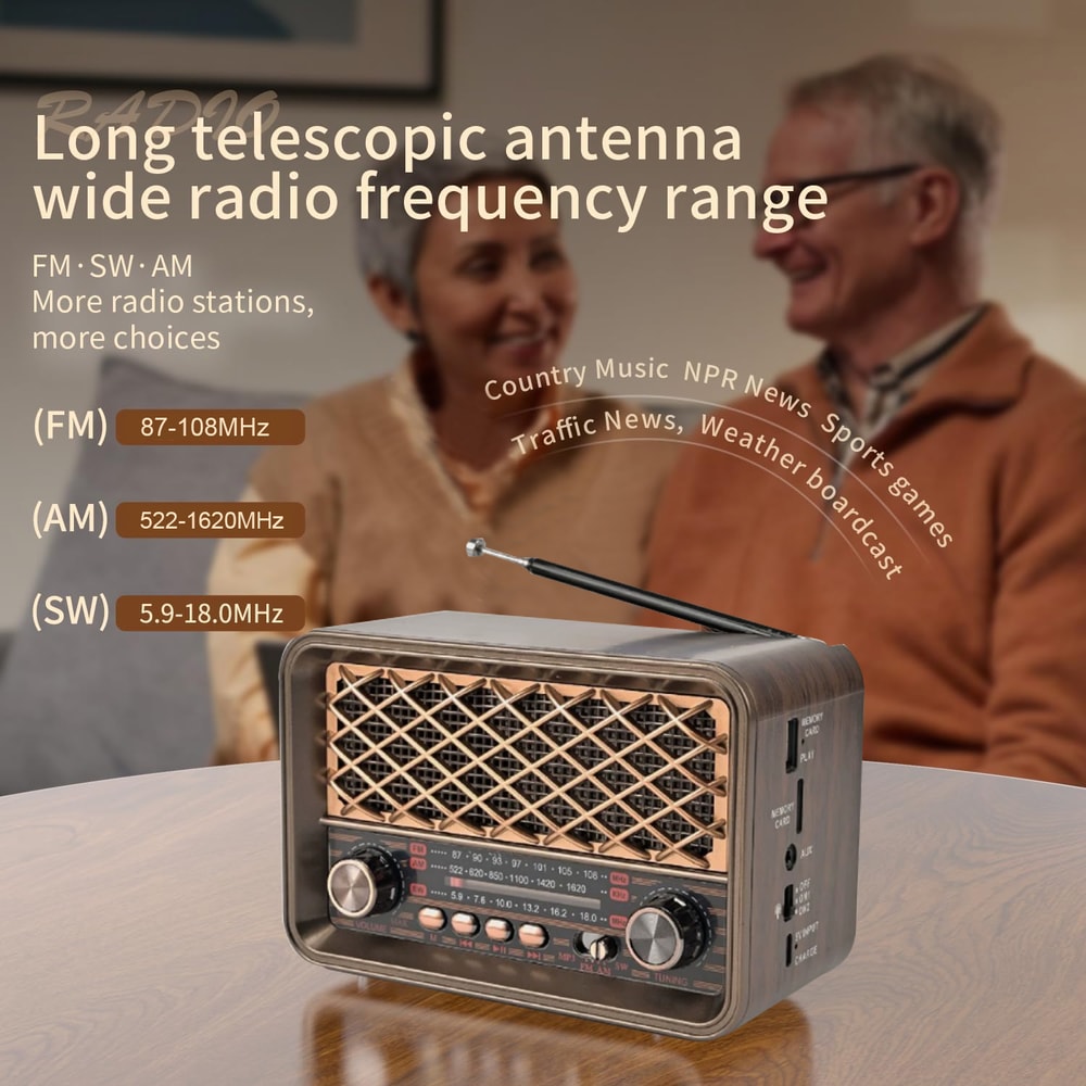 Retro Bluetooth Radio With AM FM And Flashlight Rechargeable Vintage Portable Speaker 2