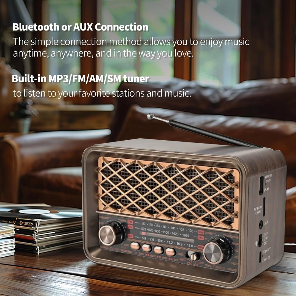 Retro Bluetooth Radio With AM FM And Flashlight Rechargeable Vintage Portable Speaker 4