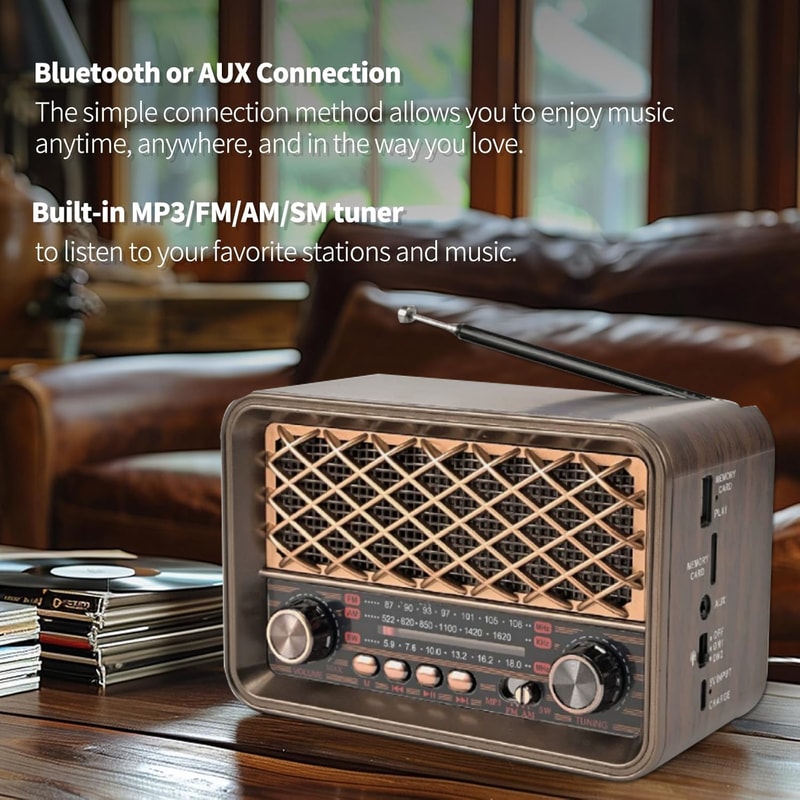 Retro Bluetooth Radio With AM FM And Flashlight Rechargeable Vintage Portable Speaker 4