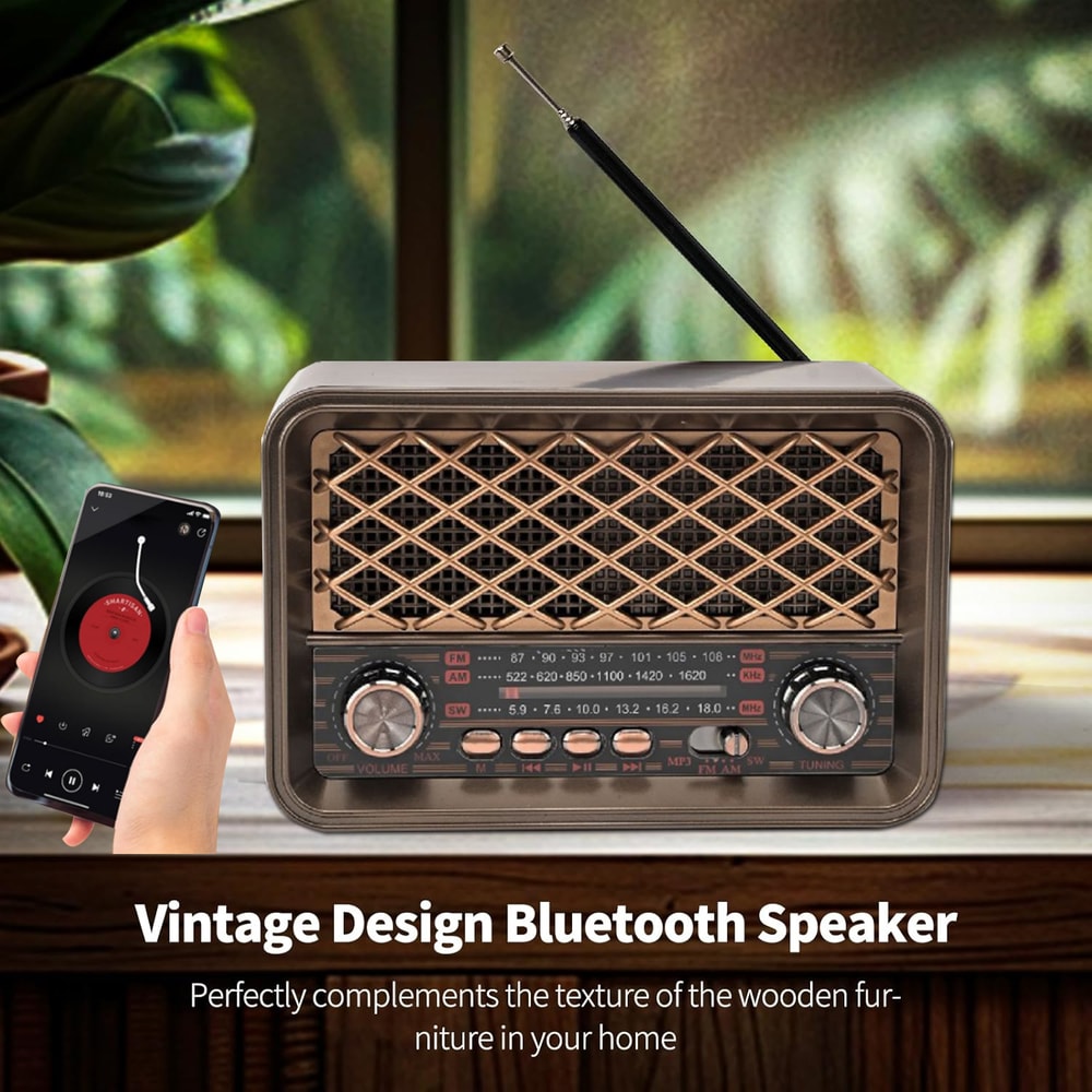 Retro Bluetooth Radio With AM FM And Flashlight Rechargeable Vintage Portable Speaker 5