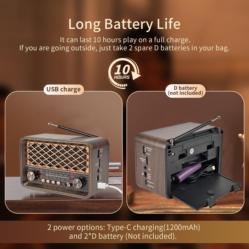 Retro Bluetooth Radio With AM FM And Flashlight Rechargeable Vintage Portable Speaker 6